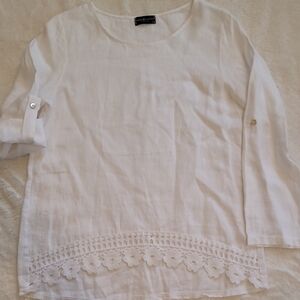 Linen White Blouse with Floral Hem Made In Italy